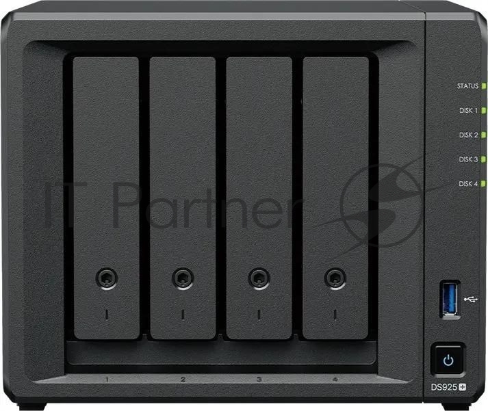 Сетевое хранилище Synology DiskStation DS925+ черный (AMD Ryzen V1500B/4Gb/4 pcs (3.5" or 2.5" SATA or SSD)/1xM.2 2280 NVMe SSD/RAID/1x4Gb/no WIFI) (DS