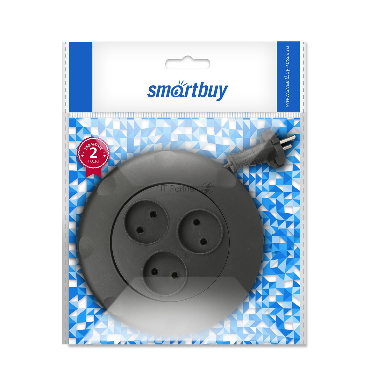Smartbuy удлинитель-рулетка 3 гн. 3м 10А/2,2кВт,б/з,круглый,чёрный SBE-10-3-03-B (1/10) п/ос