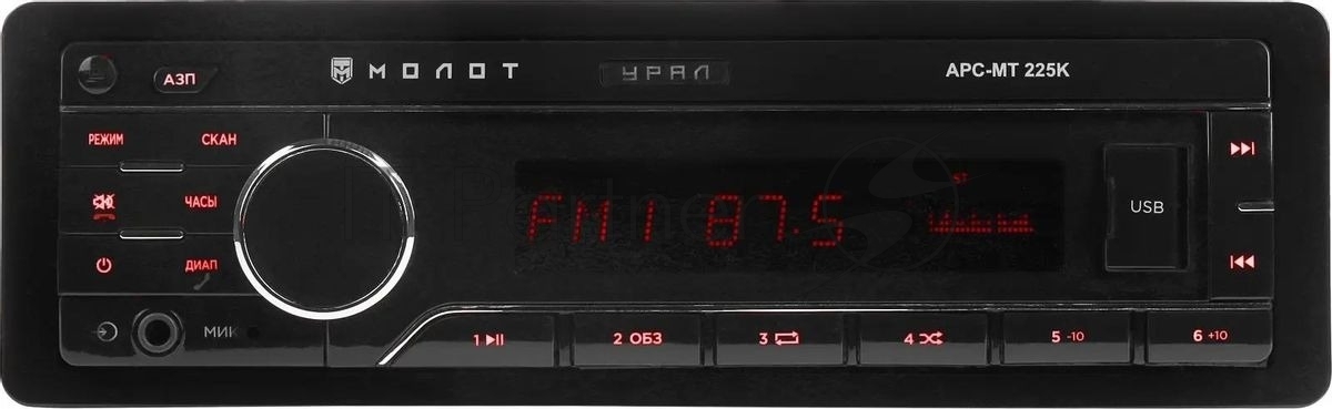 Автомагнитола URAL МОЛОТ АРС-МТ 225К, 1 DIN, Bluetooth, USB Type-A, AUX, съёмная панель