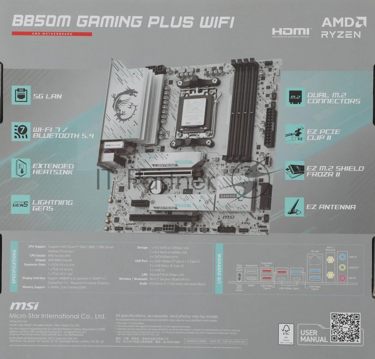 Материнская плата MSI B850M GAMING PLUS WIFI, AM5, AMD B850, 4xDDR5, 4xSATA, 2xM.2, 1xPCIe 5.0 x16, 1xPCIe 4.0 x4, 1xPCIe 3.0 x1, 1xDP, 1xHDMI, 1x5Gb LAN, Wi-Fi 7, Bluetooth 5.4, 3xUSB-C 10Gbps, 3xUSB-A 10Gbps, 3xUSB-A 5Gbps, 3x3.5 мм, 7.1, mATX