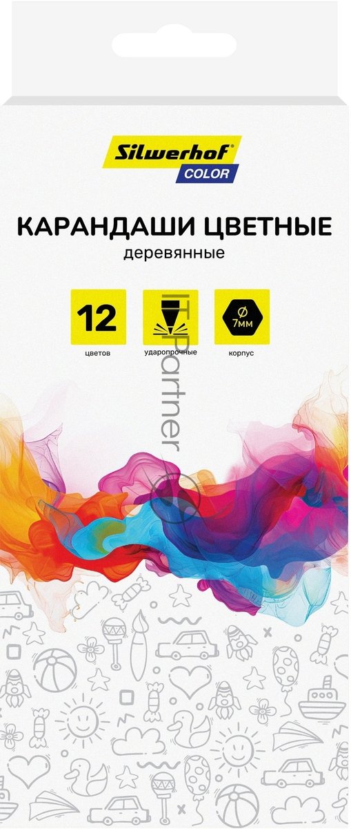 Карандаши цветные Silwerhof Color 2.8мм, шестигранный профиль, дерево, ассорти, 12 цветов, коробка с европодвесом