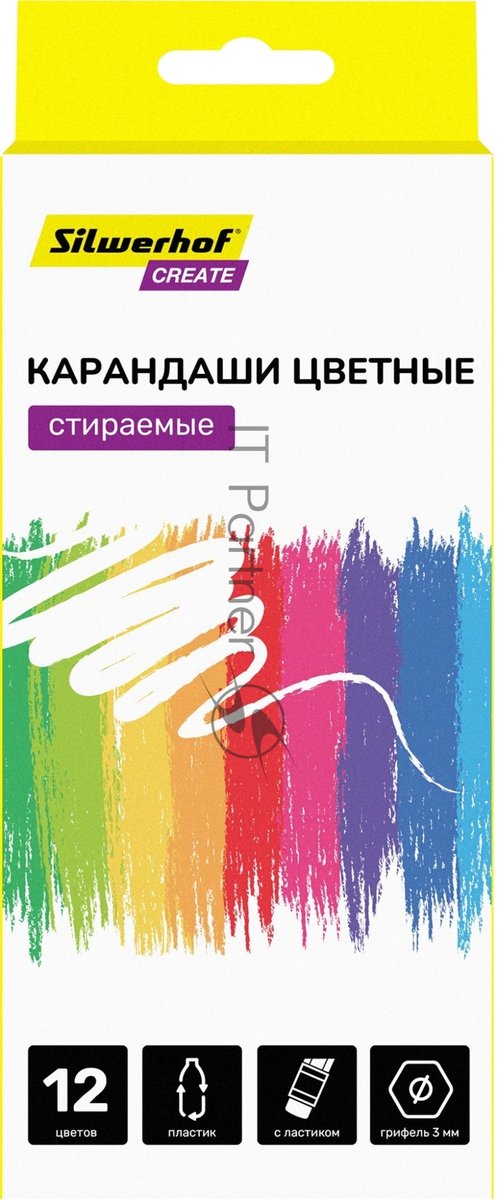 Карандаши цветные Silwerhof Create 3мм, шестигранный профиль, пластик, ассорти, 12 цветов, коробка с европодвесом ластик