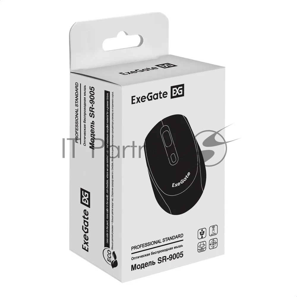 Exegate EX298896RUS Беспроводная мышь ExeGate Professional Standard SR-9005 (радиоканал 2,4 ГГц, USB, оптическая, 1200dpi, 4D, 4 кнопки и колесо прокрутки, черная, RTL)