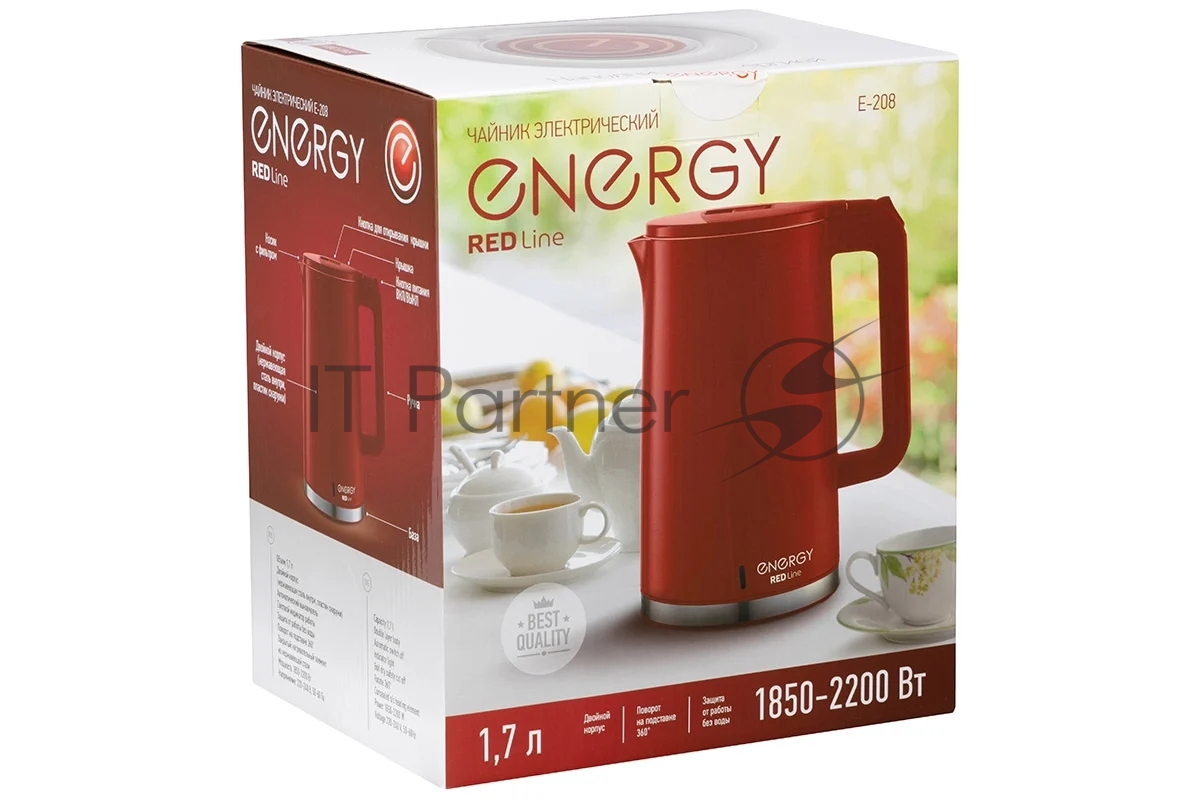 Электрочайник Energy E-208 красный, 1.7 л, 2200 Вт, скрытый нагревательный элемент