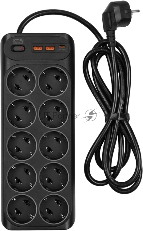 Сетевой фильтр Powercom SP-10 USB2A1СB 1.8 м 1.8м (10 розеток) черный, коробка