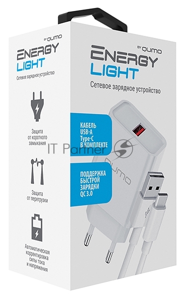 Сетевое зарядное устройство Qumo Energy light 18Вт, (модель 0107), порт: USB-A, + кабель 1м. USB-A на USB Type-C, белый