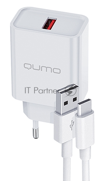 Сетевое зарядное устройство Qumo Energy light 18Вт, (модель 0107), порт: USB-A, + кабель 1м. USB-A на USB Type-C, белый