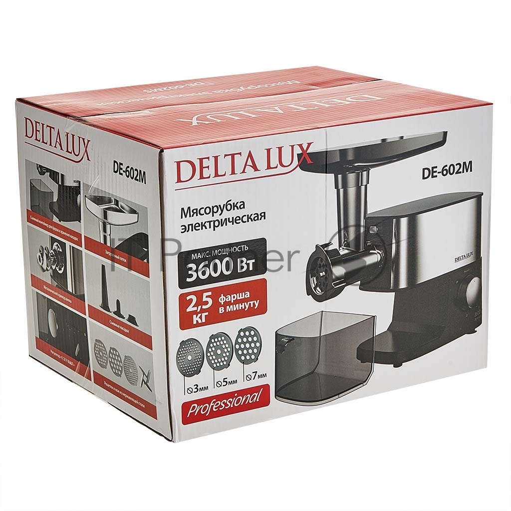Мясорубка электрическая DELTA LUX DE-602M черный, 3600 Вт, 2.5 кг/мин, реверс, защита от перегрузки, насадки - 5