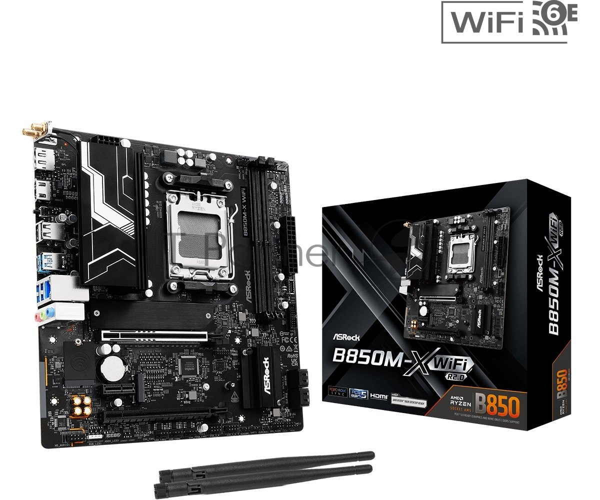 Материнская плата ASROCK B850M-X WIFI R2.0, AM5, AMD B850, 2xDDR5, 4xSATA, 2xM.2, 1xPCIe 5.0 x16, 1xPCIe 4.0 x4, 1xPCIe 3.0 x1, 1xDP, 1xHDMI, 1x2.5Gb LAN, Wi-Fi 6E, BT 5.2, 1xUSB-C 5Gbps, 3xUSB-A 5Gbps, 2xUSB-A 2.0, 3x3.5 мм, 7.1, mATX