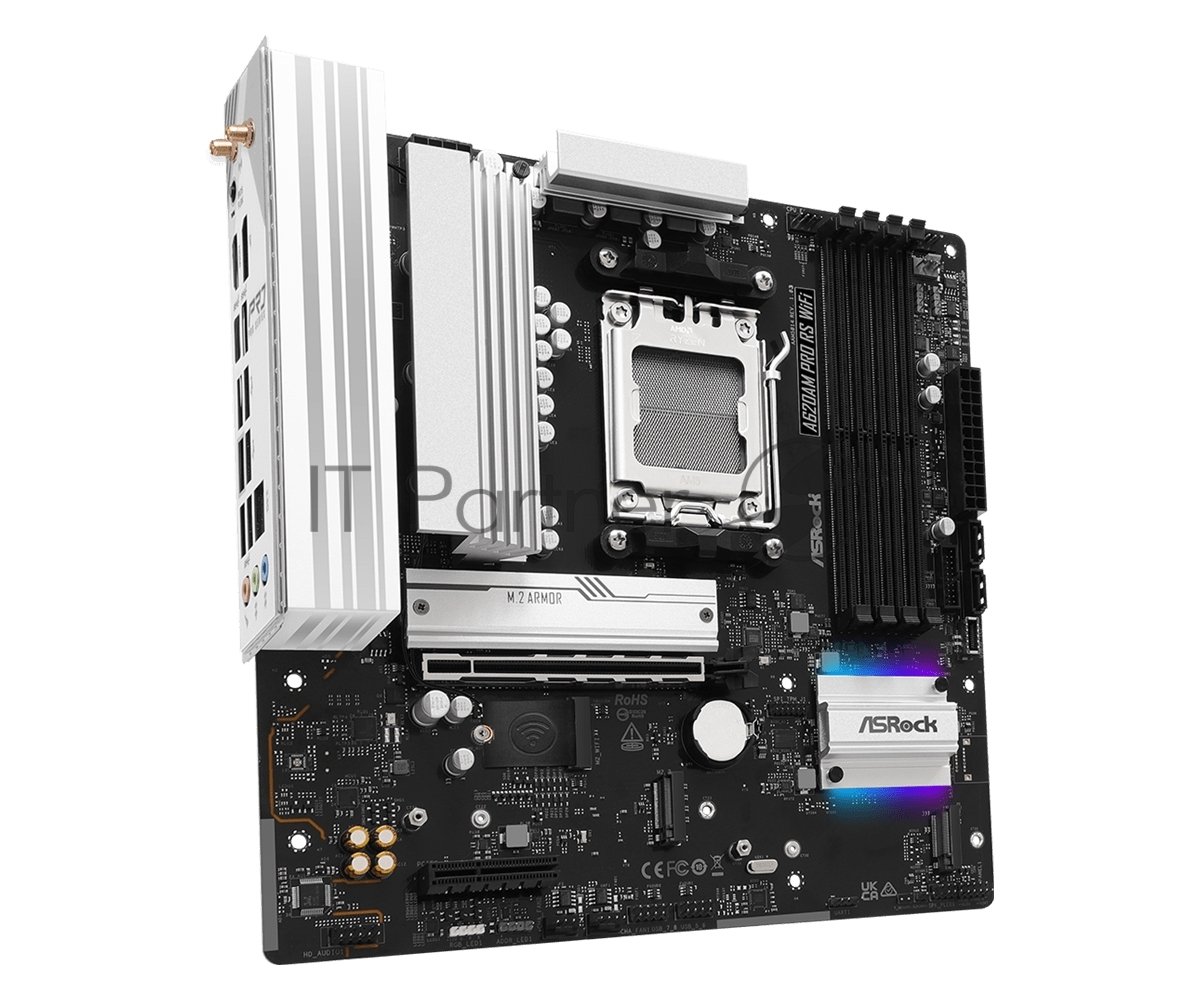 Материнская плата ASROCK A620AM Pro RS WiFi, AM5, AMD A620, 4xDDR5, 2xSATA, 3xM.2, 1xPCIe 4.0 x16, 1xPCIe 3.0 x2, 1xDP, 1xHDMI, 1x2.5Gb LAN, Wi-Fi 6E, Bluetooth 5.2, 1xUSB-C 5Gbps, 3xUSB-A 5Gbps, 4xUSB-A 2.0, 3x3.5 мм, 7.1, mATX