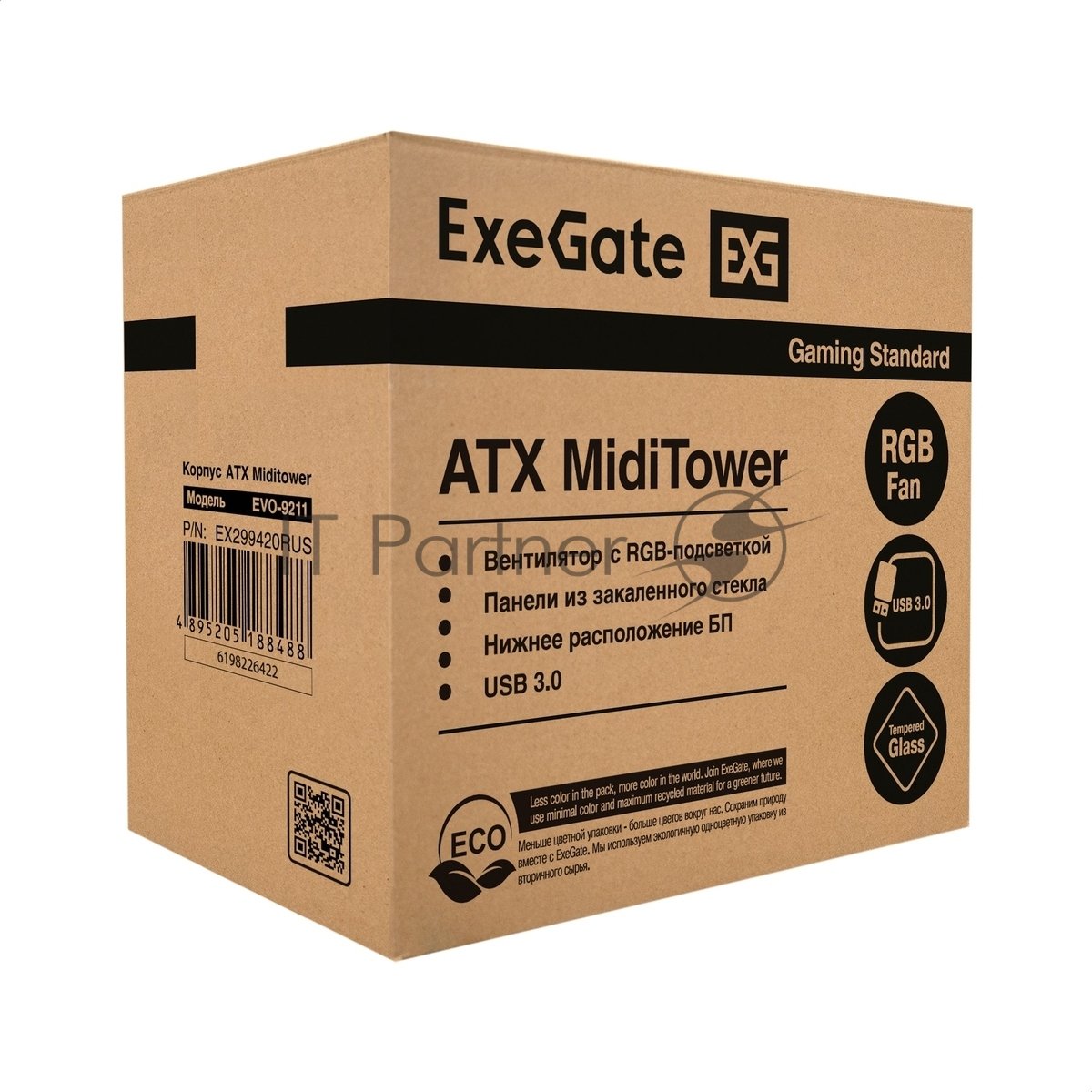Компьютерный корпус Miditower ExeGate EVO-9211-450NPX (ATX, БП 450NPX с вент. 12см, с окном, 2хUSB+1хUSB3.0, HD аудио, черный, 1 вент. с RGb подсветкой)