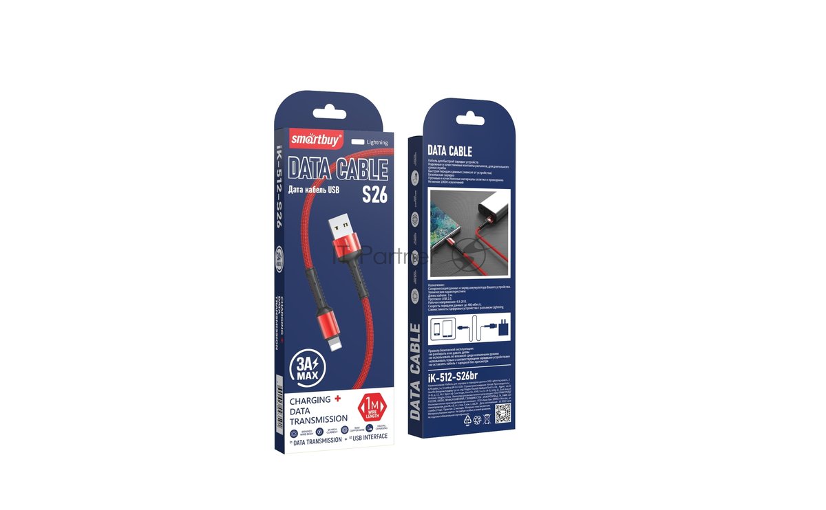 iK-512-S26r Кабель для зарядки и передачи данных S26 Lightning красн., 3 А,PD,нейл.,1  м, Smartbuy (iK-512-S26r)