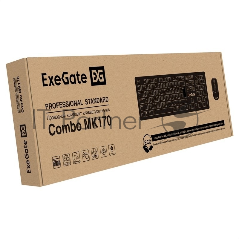 Exegate EX298912RUS Комплект ExeGate Professional Standard Combo MK170 (клавиатура влагозащищенная 104кл. + мышь оптическая 1200dpi, 3 кнопки и колесо прокрутки, длина кабелей 1,5м; USB, черный, RTL)