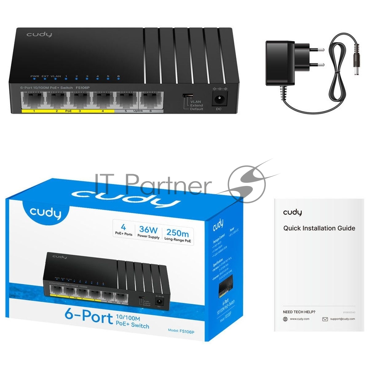 Коммутатор/ 6-Port 10/100M PoE Switch with 4 POE Ports Unmanaged Desktop Switch, support 4-port IEEE 802.3at PoE+ Injector (Port-1 to Port-4), Supports PoE power up to 30W for each PoE port, CCTV Mode (Transmit distance up to 250m at 10Mbps),  Fanless, ±4KV Surge Protection, Steel case, Watchdog, 36W External