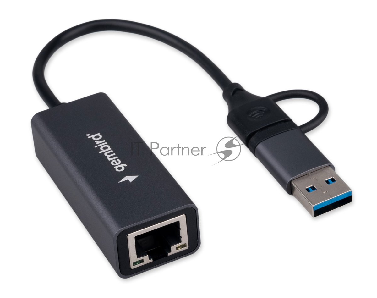 Сетевой адаптер Ethernet Gembird NIC-U7, USB 3.0 + Type-C - Gigabit Ethernet adapter, алюминий, RTL8153