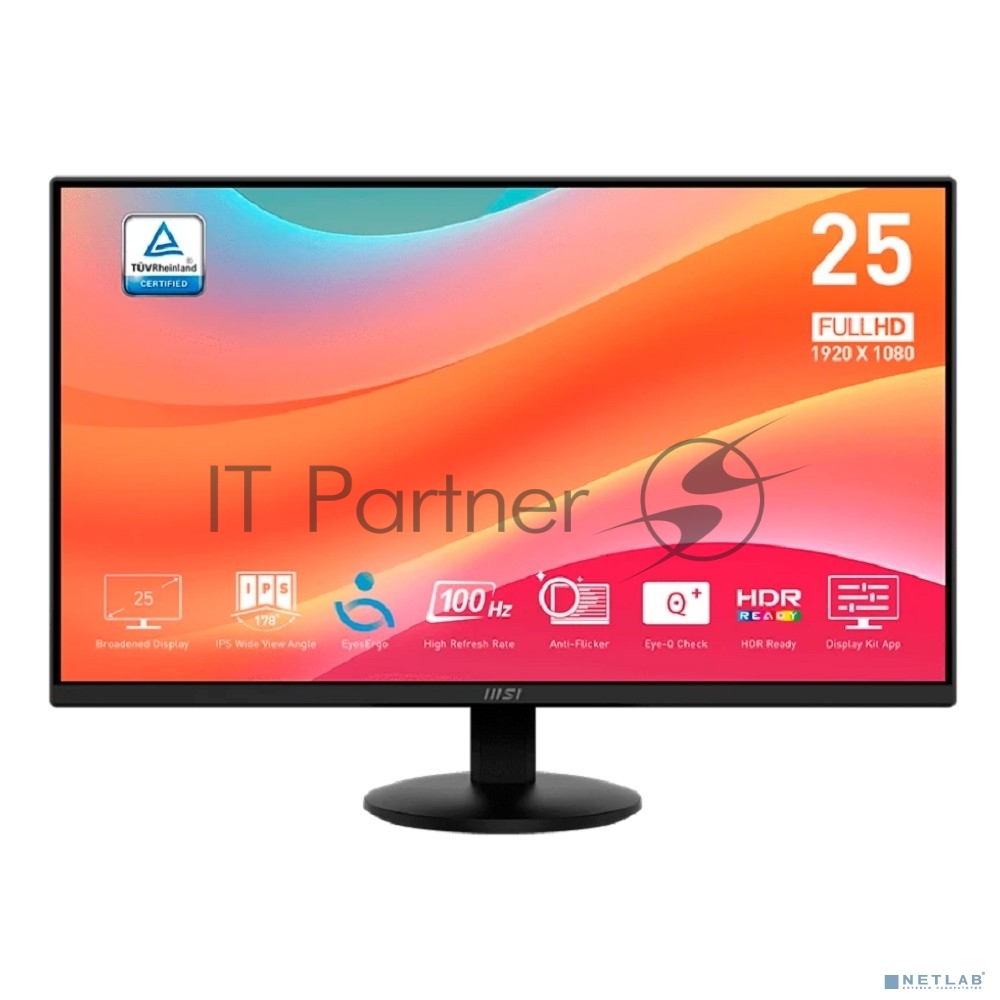 Монитор 24.5" MSI Pro MP252L IPS 1920x1080, 100 Гц, 1 мс, 16:9, 250 кд/м², HDMI 1.4b, DP 1.2, 3.5 Jack, Adaptive-Sync, черный