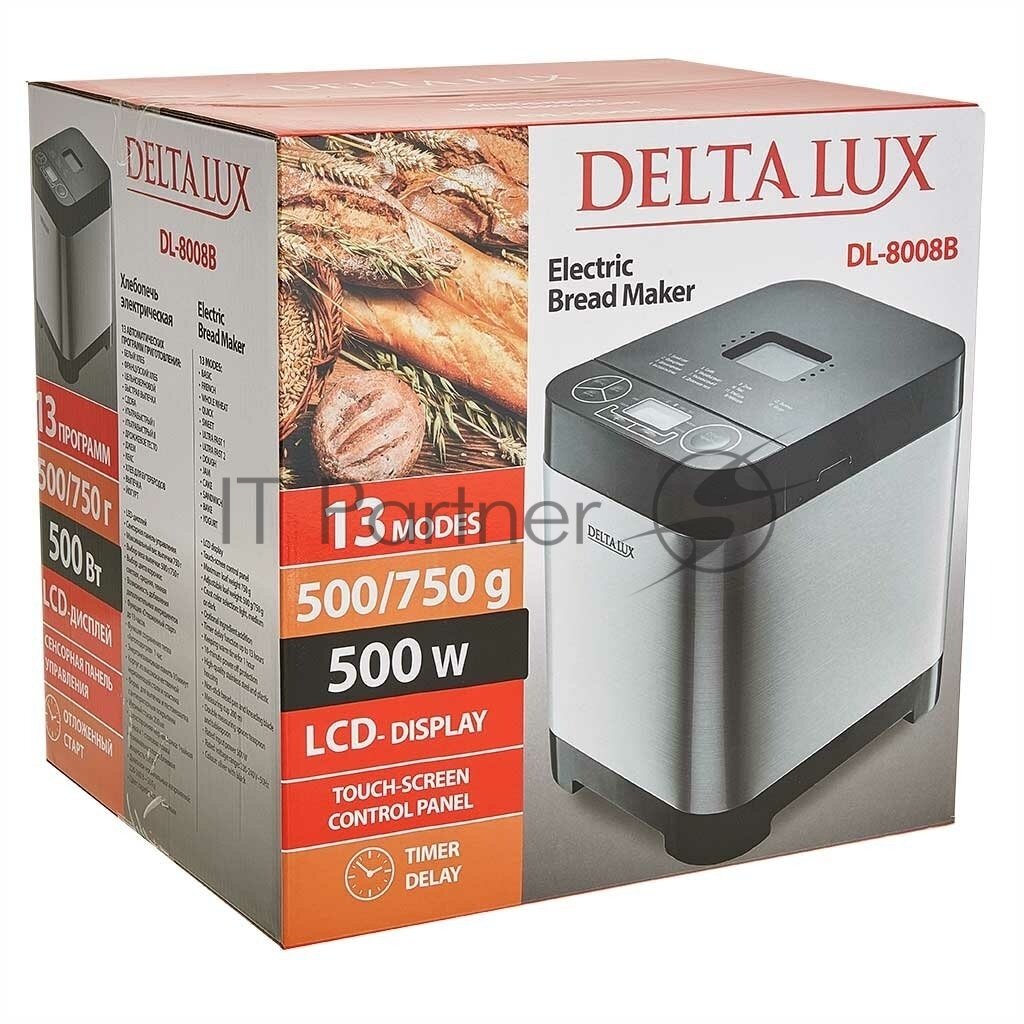 Хлебопечка Delta Lux DL-8008В, нерж. корп. вес бухан.750гр, 13 программ, 500 Вт (2)