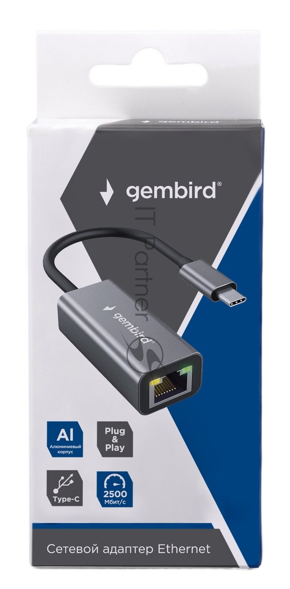 Сетевой адаптер Ethernet Gembird NIC-U12, Type-C USB 3.0 - 2.5 Gigabit Ethernet adapter, алюминий, RTL8156B