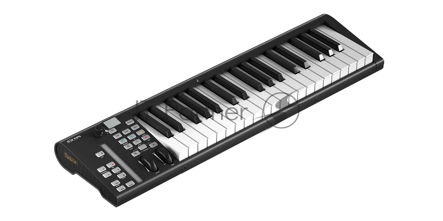 MIDI клавиатура [110105A2034] Icon [Artist 37X] USB MIDI клавиатура, 37 полувзв. клавиш, сенсорный фейдер, 3-х сегм. LED дисплей, колеса Pitch&Modulation, двухфунк. энкодер с 11-ти сегм. LED индикатором, 18 назн. кнопок, разъемы 2х1/4" TRS Jack, 2x USB-C