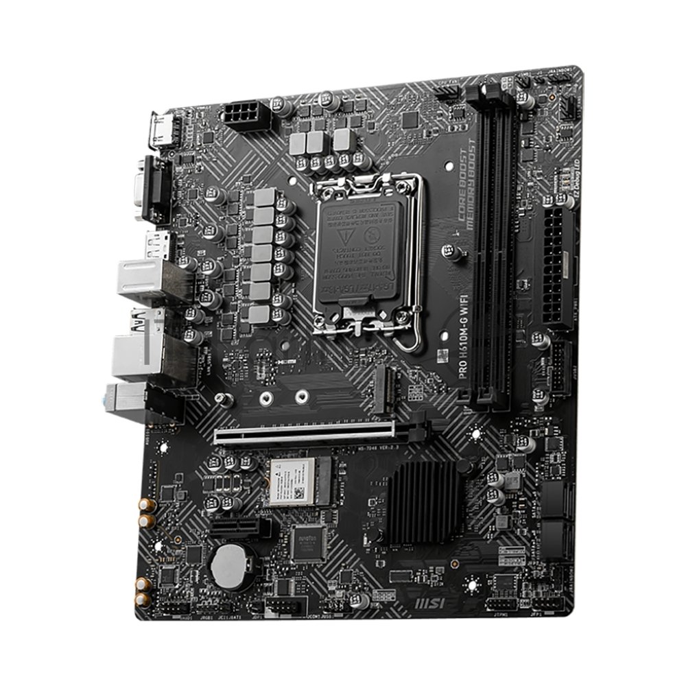 Материнская плата MSI PRO H610M-G WIFI, LGA 1700, Intel H610, 2xDDR5 (до 64 ГБ), 4xSATA, 1xM.2 (PCIe 3.0 x4), 1xPCIe 4.0 x16, 2xPCIe x1, 1xVGA, 1xHDMI, 1xDP, 1x1Gb LAN, Wi-Fi 5, Bluetooth 4.2, 4xUSB-A 5Gbps, 2xUSB-A 2.0, 1xPS/2, 3x3.5 мм, 7.1, чёрный, mATX