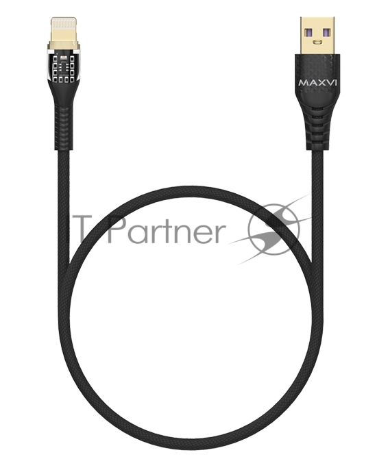 Дата-кабель Maxvi MC-31L USB-Lightning 2.4А, прозрачный корпус, LED подсветка, 1.2м, черный