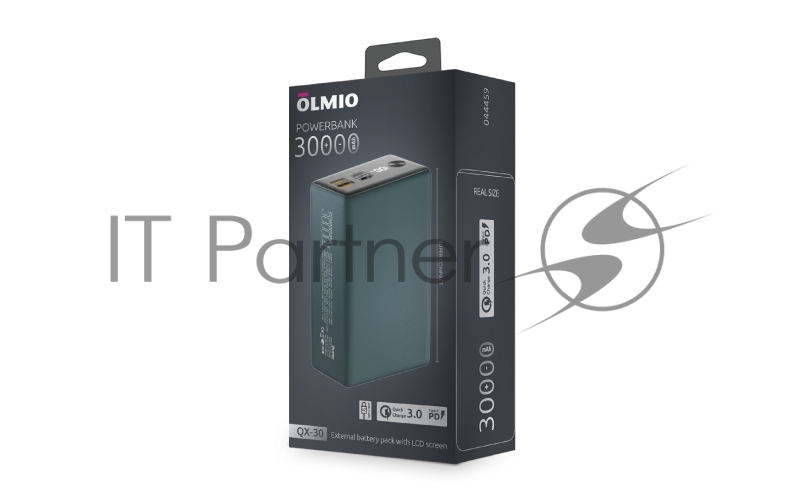 Портативный аккумулятор OLMIO QX-30, 30000mAh, 22.5W, QuickCharge3.0/PowerDelivery, LCD, темно-зеленый