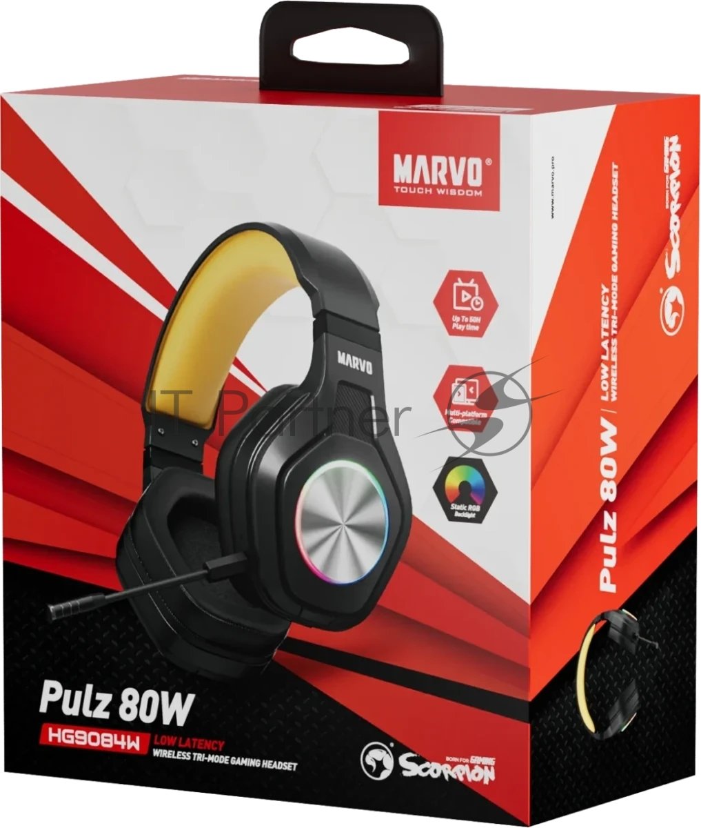Гарнитура MARVO HG9084W Pulz 80W чёрный, беспроводная + проводная, радиоканал, до 50 ч, подсветка, совместимость с PS5, Xbox