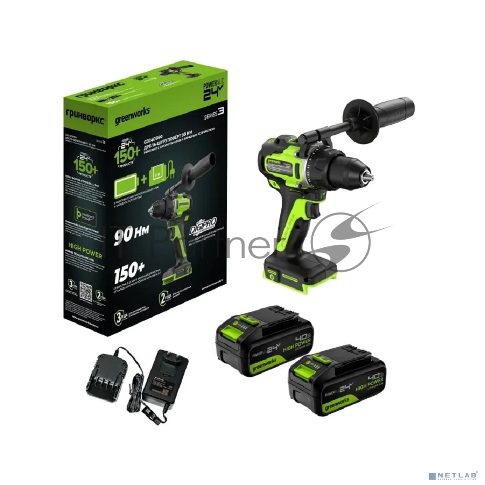 Дрель-шуруповерт GREENWORKS GD24DD90, 24 В, 0,9 Ач, 90 Нм, бесщеточный
