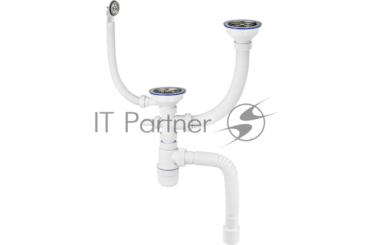Сифон VIRPlast 30987097, Элит для 2-ой мойки, нерж. чашка D114 мм, отвод ст/м, перелив, гофротруба 800 мм