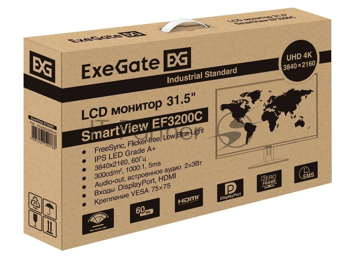 Монитор 31.5" ExeGate SmartView EF3200C IPS 3840x2160, 60 Гц, 5 мс, 16:9, 300 кд/м², HDMI 2.0, DP, 3.5 Jack, USB Hub, динамики (2x3 Вт), HDR10, FreeSync, черный