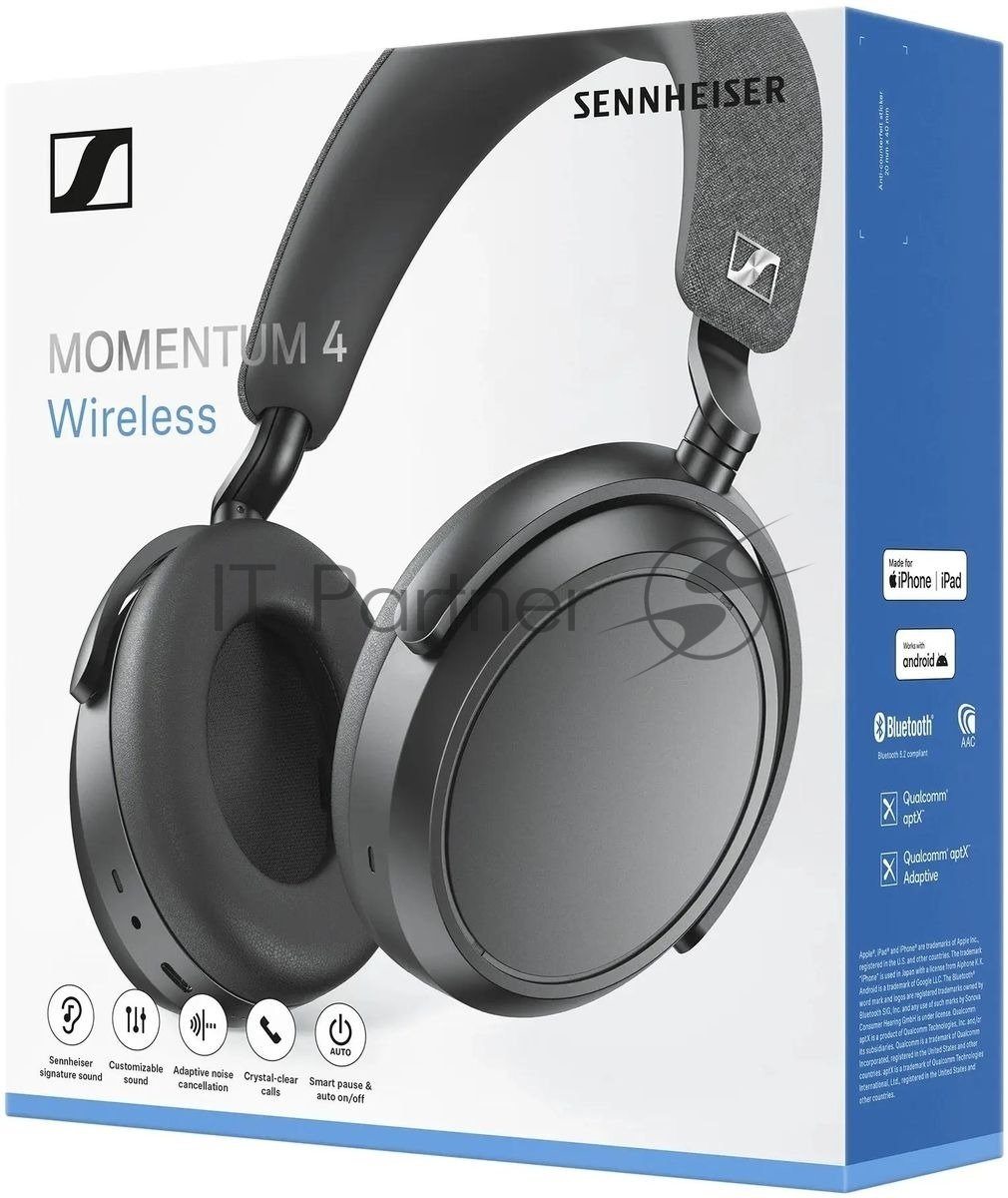 Беспроводные/проводные наушники Sennheiser Momentum 4 Wireless черный, полноразмерные, Bluetooth + Jack 3.5 мм, активное шумоподавление, до 60 ч