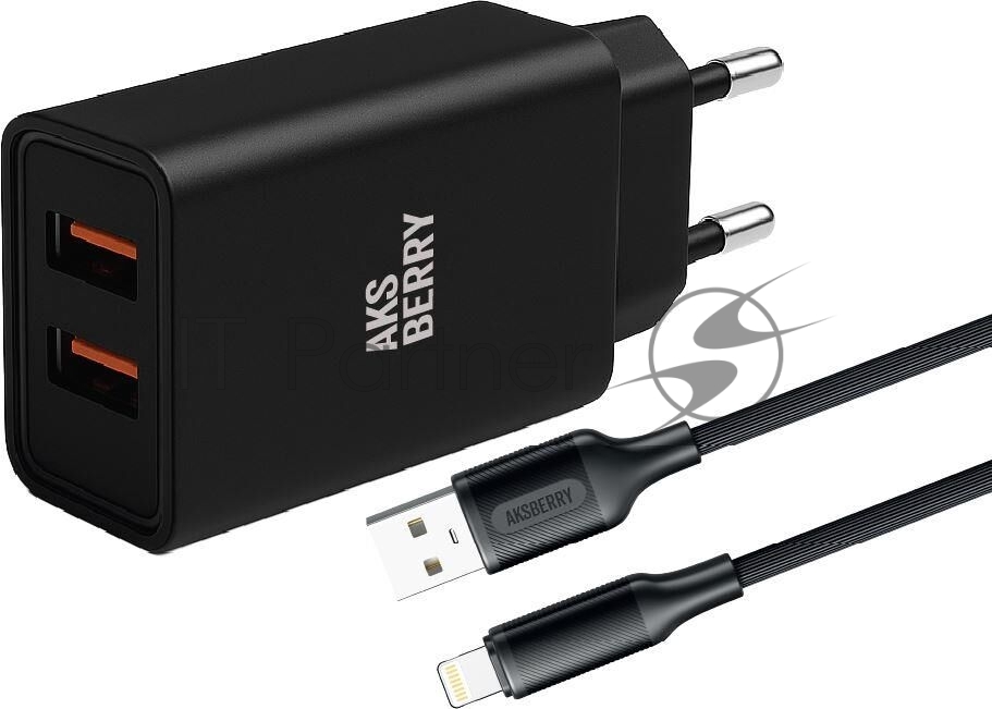 Сетевое зарядное устройство AKSBERRY (6900209210016) T38 2 USB 2.4A + кабель Lightning, черный