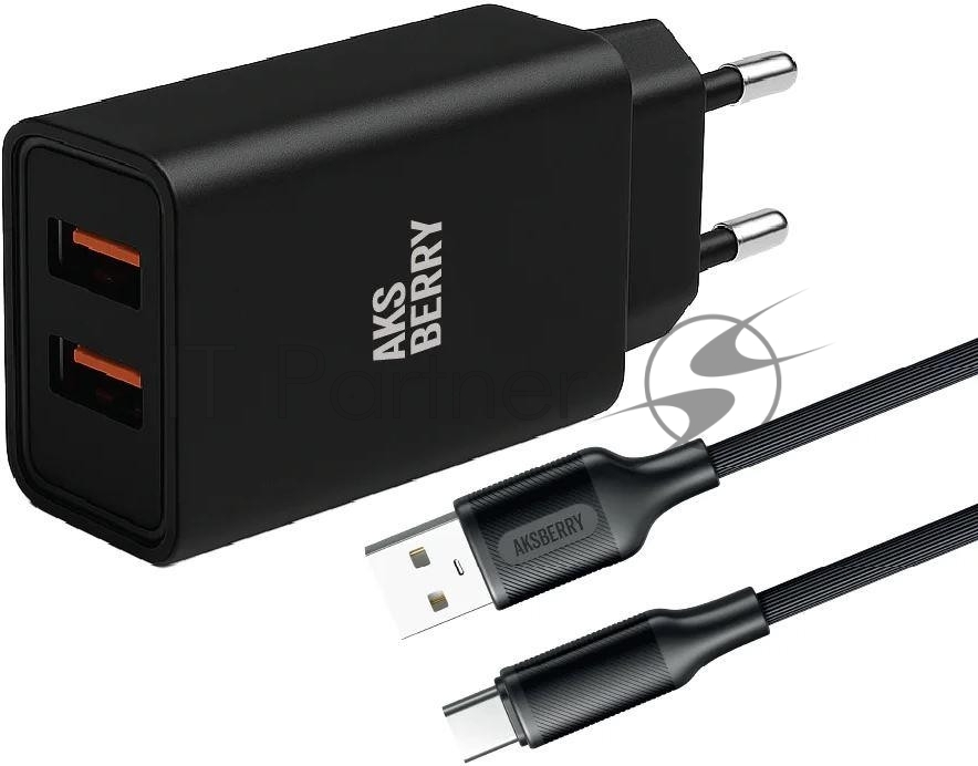 Сетевое зарядное устройство AKSBERRY (6900209230014) T38 2 USB 2.4A + кабель Type C, черный