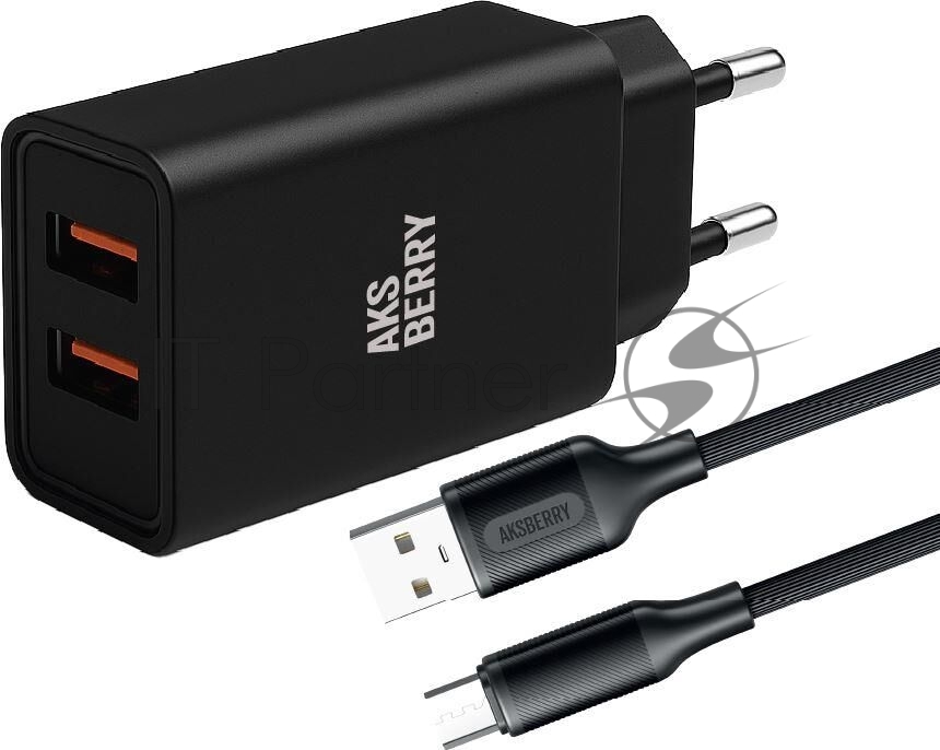 Сетевое зарядное устройство AKSBERRY (6900209220015) T38 2 USB 2.4A + кабель MicroUSB, черный
