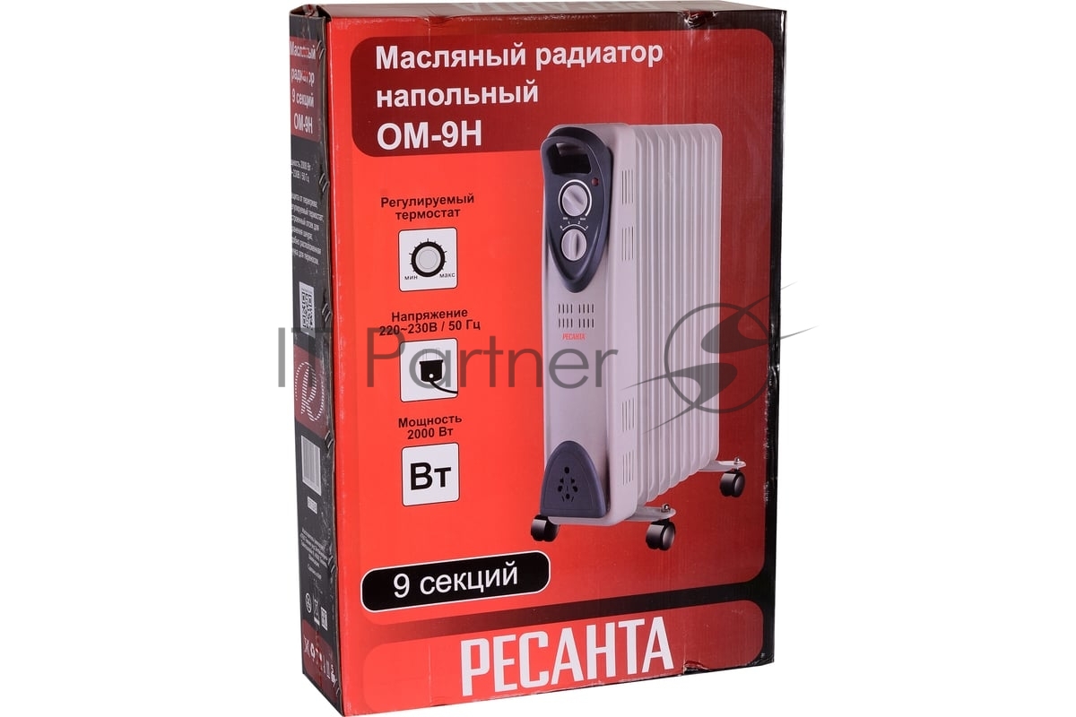 Обогреватель масляный Ресанта ОМ- 9Н (9 секций), белый, 2000 Вт, 20 м2, термостат 67/3/8
