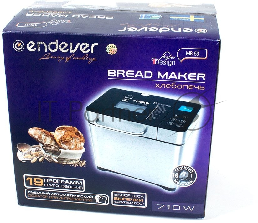 Хлебопечка Endever Skyline MB-53, 710 Вт, 19 программ, таймер 15ч, сохранение уст. прогр., авт. термостат, автоподогрев 60 мин