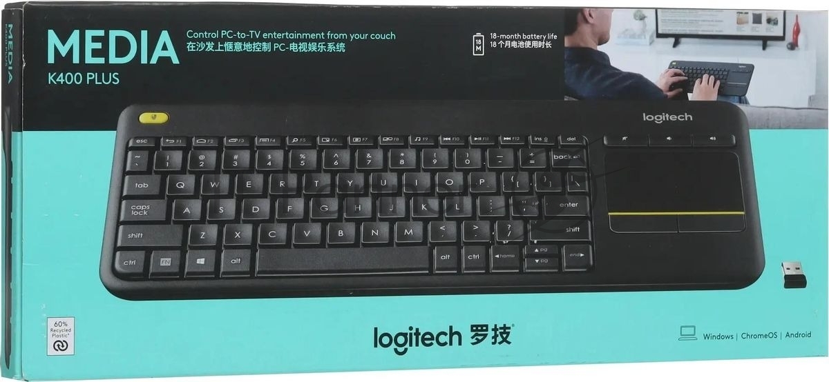 Клавиатура Logitech K400 Wireless Touch Plus беспроводная, радиоканал, чёрный
