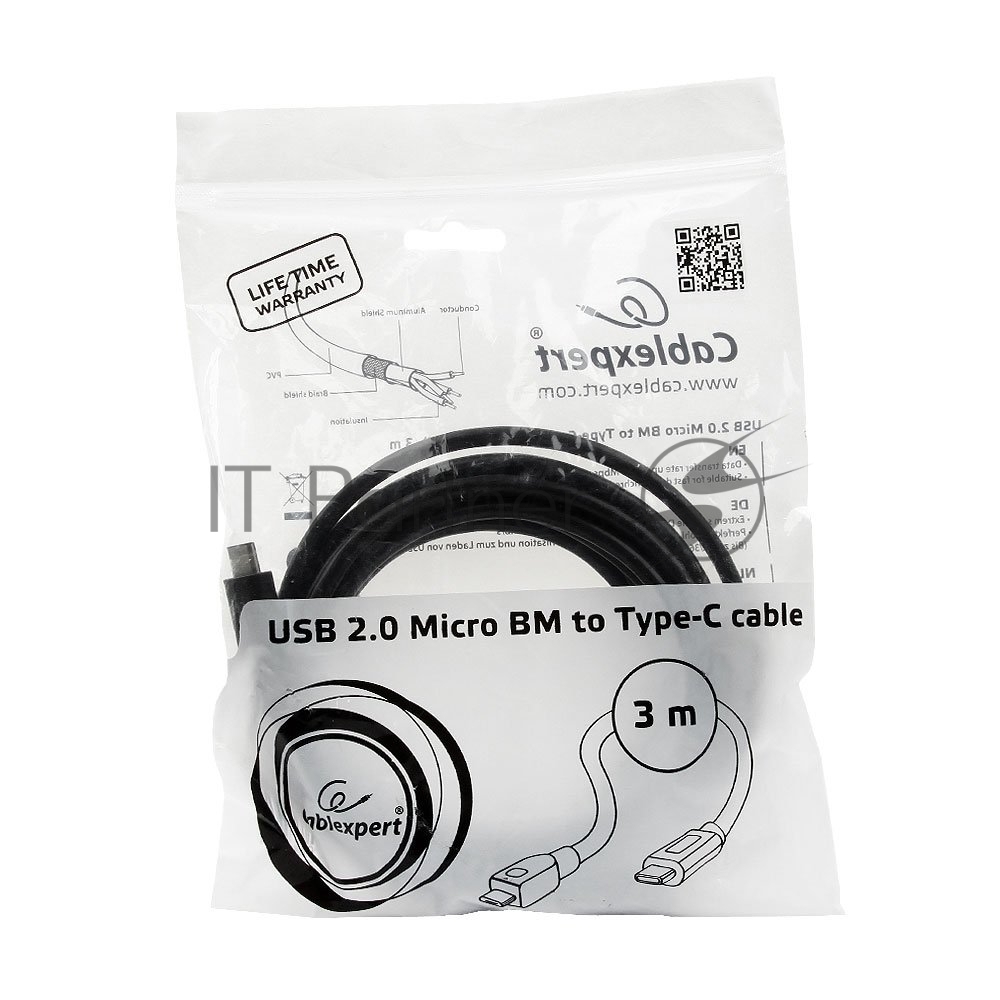Кабель USB2.0 Cablexpert microUSB/Type-C, 3А, 36Вт, медь, двойн.экран, Pro, 3м, черный, пакет (CCP-USB2-mBMCM-10)
