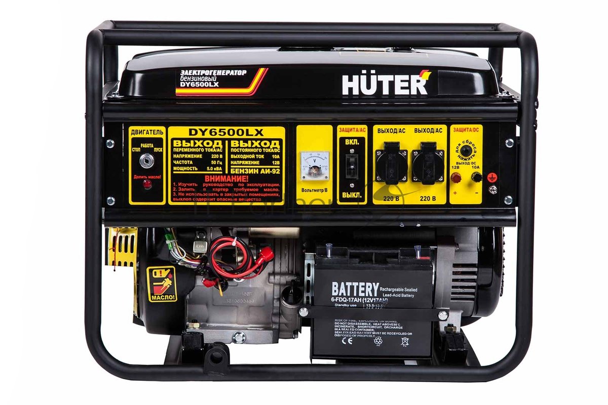 Huter DY6500LX 64/1/15 Электрогенератор {с колёсами и аккум четырехтактный, 5000Вт, 220В/50Гц, 81Дб,принудит охлаждение,бак 22 л,расход бенз 374 г/кВтч,расход масла 6,8, габариты700х535х570 вес 74 кг}