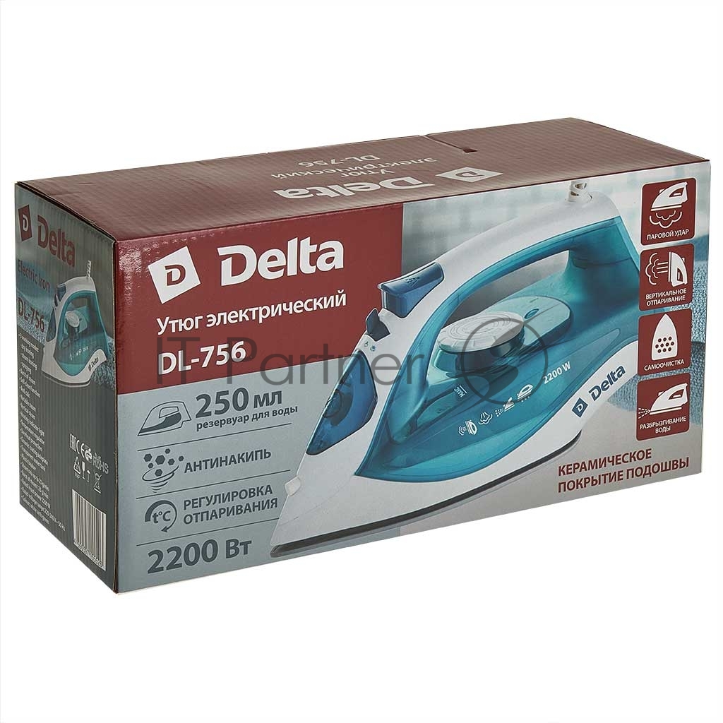 Утюг Delta DL-756 белый/зеленый, 2200 Вт, 23 г/мин, 125 г/мин, 250 мл