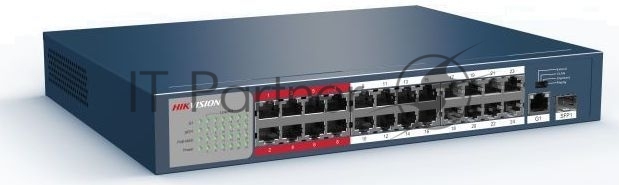 Неуправляемый коммутатор. 24 RJ45 100M PoE с грозозащитой 6кВ, 1 Uplink 1000М, 1 Uplink 1000М SFP, бюджет PoE 230Вт, CAT5e, пропускная способность 8.8 Гб/с, стандарты PoE IEEE802.3af, IEEE802.3at, 100-240 VAC, 4A, -10...+55C