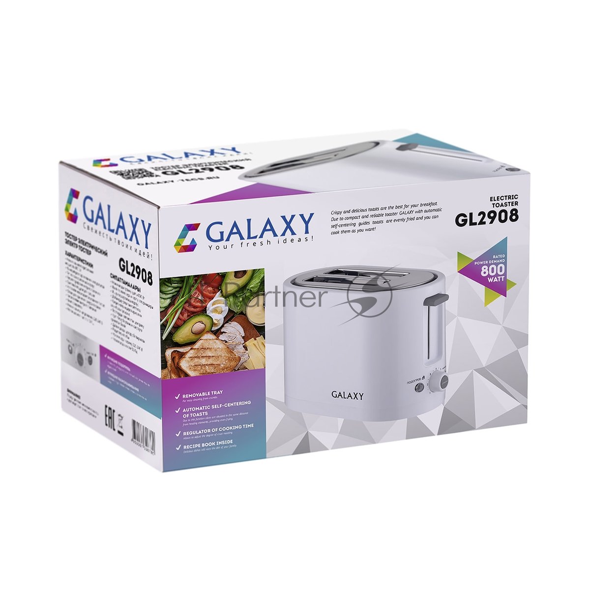 Тостер Galaxy Line GL 2908 белый, 800 Вт, 2 слота