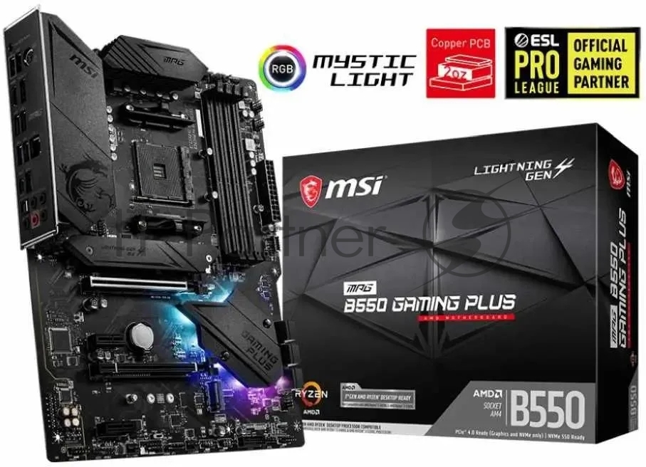 Материнская плата MSI MPG B550 GAMING PLUS, AM4, AMD B550, 4xDDR4, 6xSATA, 2xM.2, 1xPCI-E 4.0 x16, 1xPCI-E 3.0 x4, 2xPCI-E x1, 1xHDMI, 1xDP, 1x 1Gb LAN, 4xUSB-A 2.0, 2xUSB-A 3.2 Gen 1, 1xUSB-A 3.2 Gen 2, 1xUSB-C 3.2 Gen 2, 5x3.5 мм, 7.1, ATX