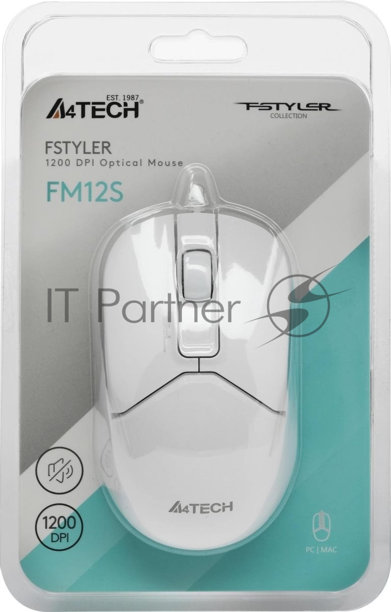 Мышь проводная A4Tech Fstyler FM12S белый, 1200 dpi, USB, кнопки - 3
