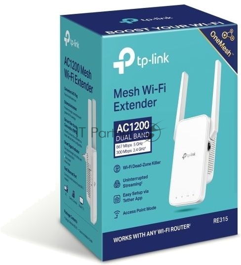 Усилитель TP-Link Wi-Fi сигнала AC1200 OneMesh Wi-Fi Range Extender/Signal Amplifier, dual-band Wi-Fi, two external antennas, 1 10/100Mbps port, 1 WPS button, supports RE/AP mode, Smart signal indicator, easy setup/management via Tether APP/Web UI.
