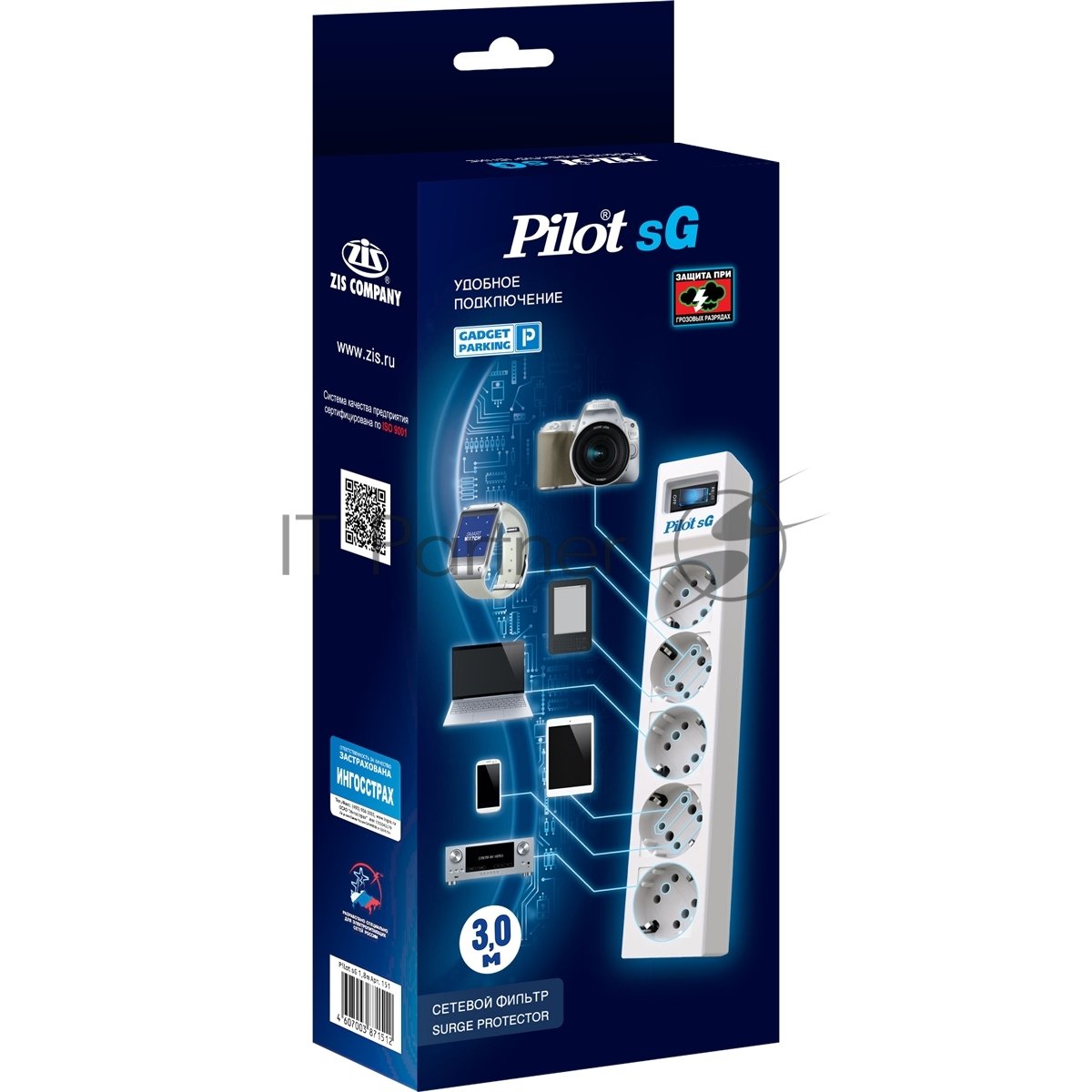 Сетевой фильтр ZIS PILOT Surge protector Pilot SG5 5 outlets (GP), 10A/2.2kVt, automatic circuit-breaker, 3 m