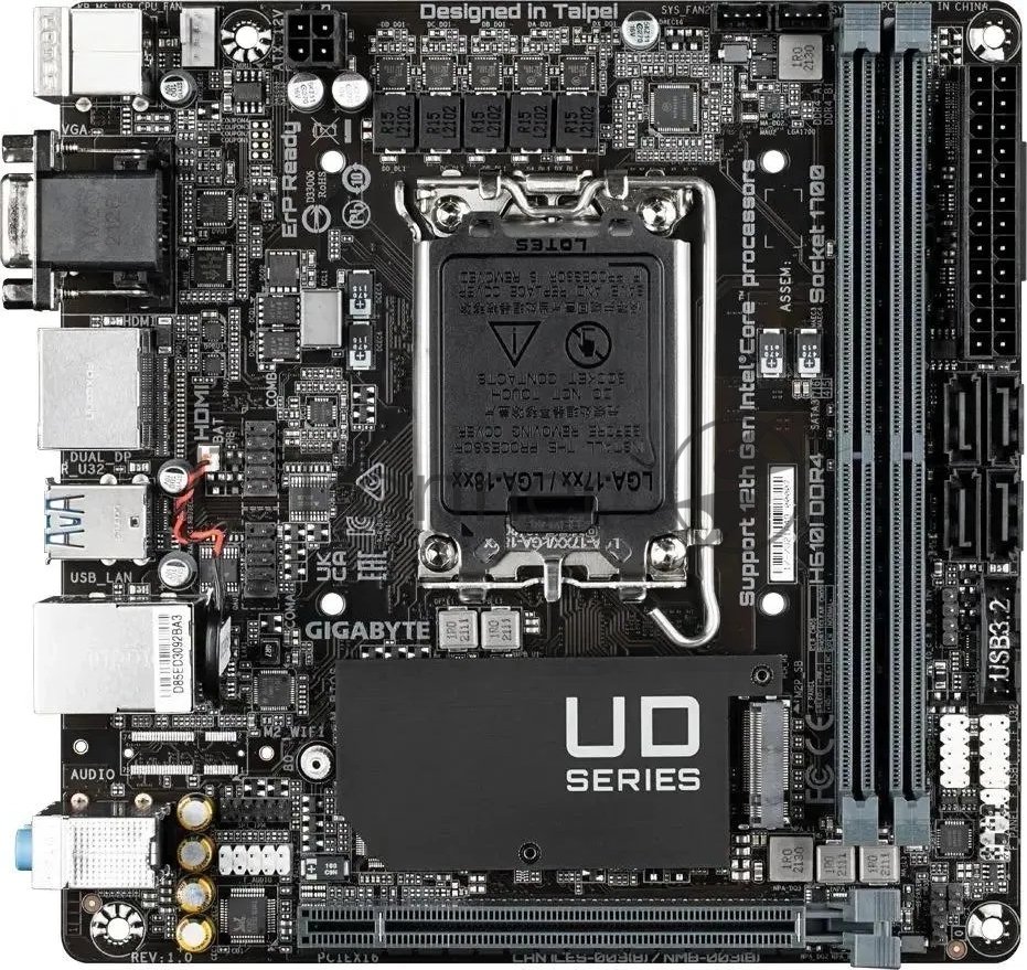 Материнская плата Gigabyte H610I DDR4, Socket 1700, Intel®Р610, 2xDDR4-3200, D-Sub+HDMI+DP+DP, 1xPCI-Ex16, 4xSATA3, 1xM.2, 8Ch Audio, 1xGLan, (4+4)xUSB2.0, (2+2)xUSB3.2, 1xPS/2, Mini-ITX, RTL {10} (834562)