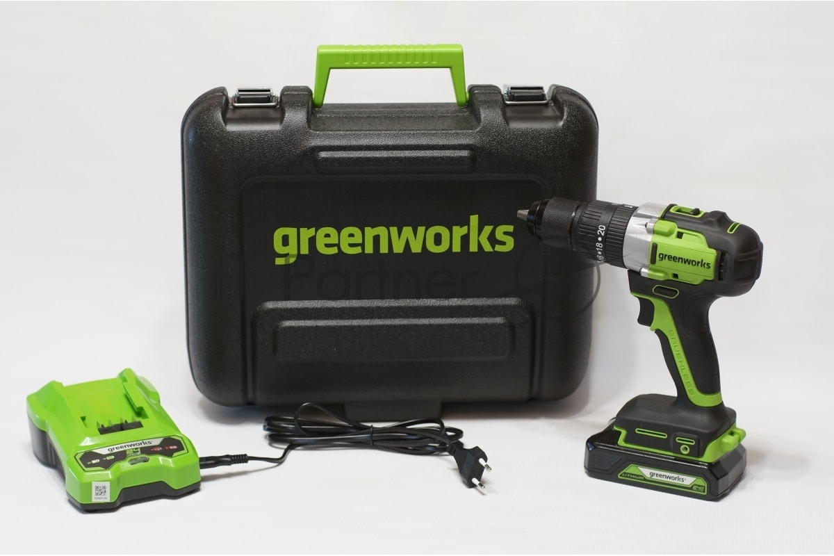 Дрель-шуруповерт GREENWORKS GD24DD60K2, 24 В, 2 Ач, 60 Нм, бесщеточный