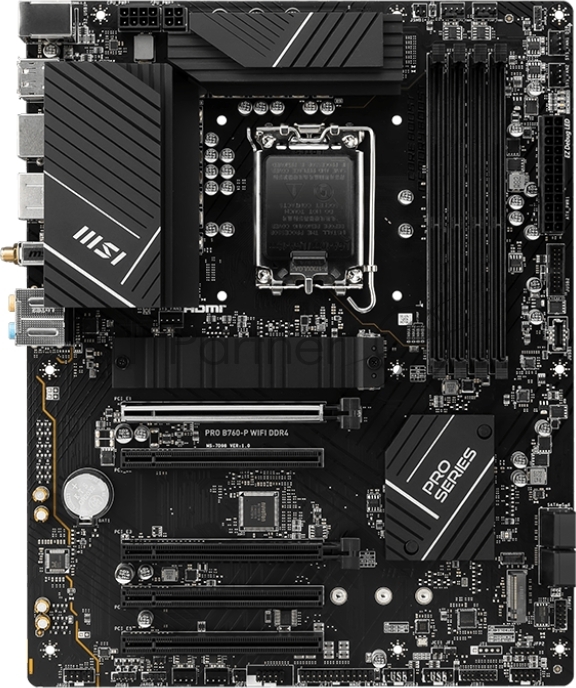 Материнская плата MSI PRO B760-P WIFI DDR4, LGA 1700, Intel B760, 4xDDR4, 4xSATA, 2xM.2, 1xPCIe 4.0 x16, 1xPCIe 4.0 x4, 3xPCIe 3.0 x1, 1xHDMI, 1xDP, 1xRJ45 2.5Gb, Wi-Fi 6E, Bluetooth 5.3, 1xUSB-C 3.2 Gen 2, 2xUSB-A 3.2 Gen 2, 4xUSB-A 2.0, 5x3.5мм, TOSLINK, 7.1, Standard-ATX