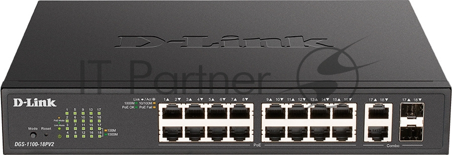 Коммутатор D-Link DGS-1100-18PV2/A, 16×1 Гбит/с + 2×1 Гбит/с SFP, настраиваемый